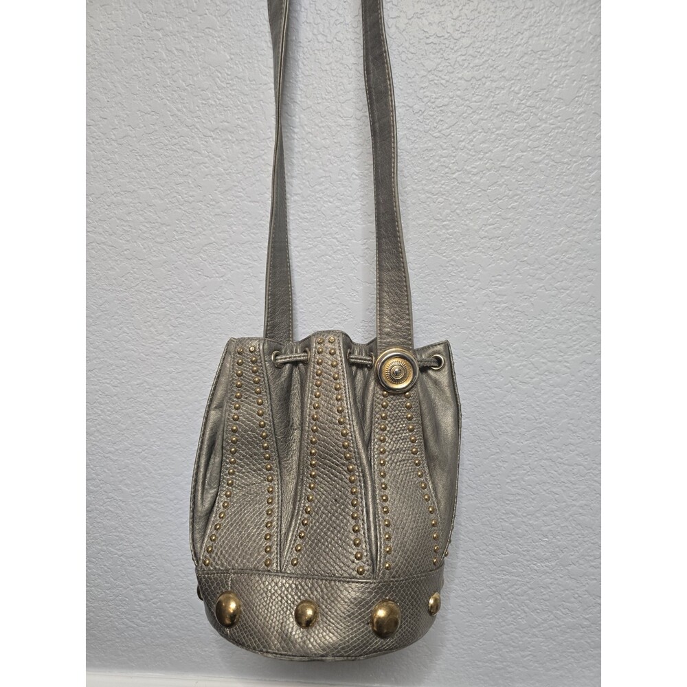 Gold Tone Leather Studded Tassels  Vintage Bucket Drawstring Handbag With Wallet